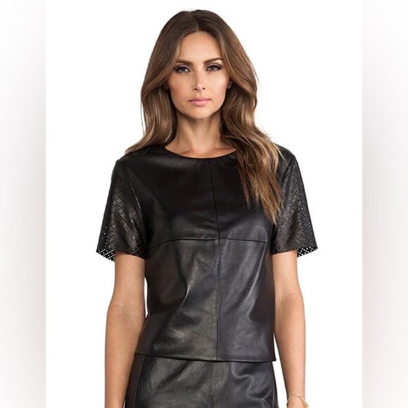LaPina by David Helwani Valerie Leather Laser Cut Short Sleeve Top, Size Medium - Picture 1 of 11